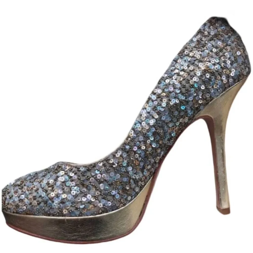 Joan & David Gold Sequin Platform Heels Pumps Size 6 Metallic Glam Party - Picture 3 of 12